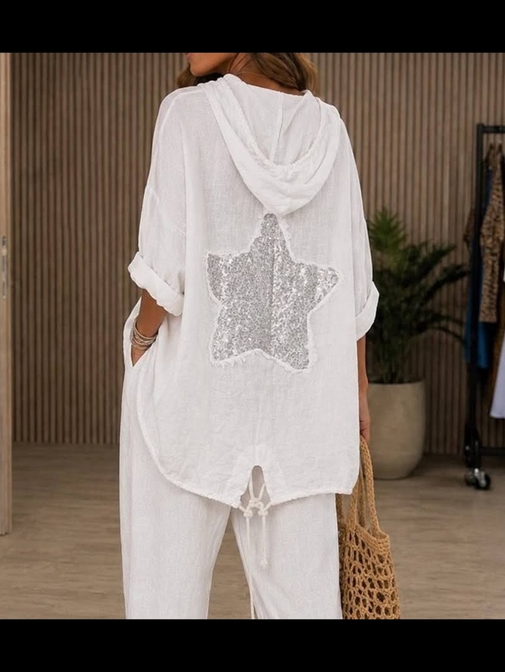 Made In Italy | White Hooded Swim Cover-Up with Silver Sequin Star